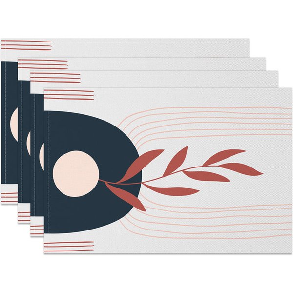 Aperturee Navy Blue Grey Red Leaf Lines Set Of 4 Placemats, 14x12 Inch, 15.8 USD, placemats, NYJY00516-S