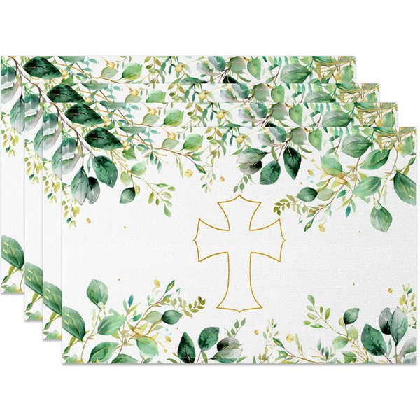 Aperturee Spring Plant Leaves Cross Easter Set Of 4 Placemats, 14x12 Inch, 15.8 USD, placemats, NYJY00561-S