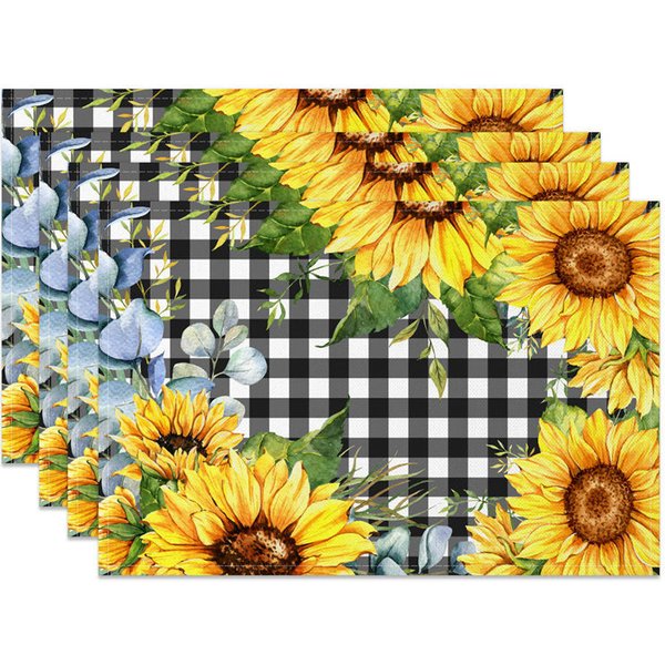 Aperturee Black White Plaid Yellow Sunflower Set Of 4 Placemats, 14x12 Inch, 15.8 USD, placemats, NYJY00564-S
