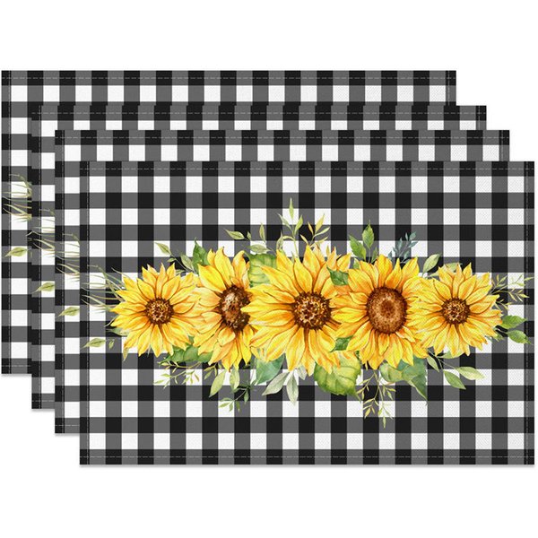 Aperturee Spring Sunflower Black White Plaid Set Of 4 Placemats, 14x12 Inch, 15.8 USD, placemats, NYJY00565-S