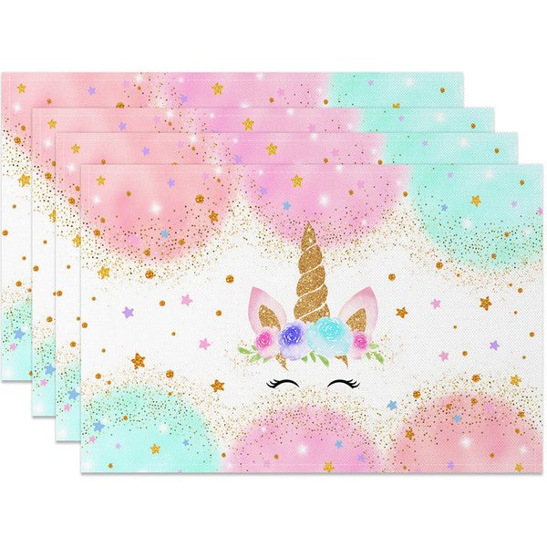 Aperturee Color Cloud Sparkle Stars Unicorn Set of 4 Placemats, 14x12 Inch, 15.8 USD, placemats, NYJY00612-S