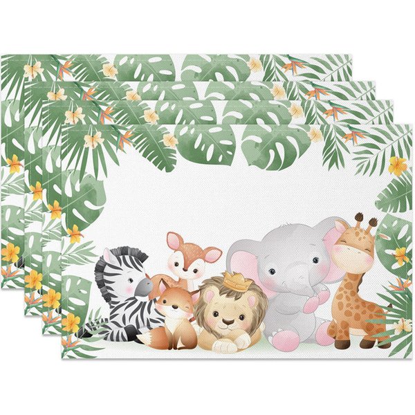 Aperturee Baby Safari Animal Monstera Dining Set of 4 Placemats, 14x12 Inch, 15.8 USD, placemats, NYJY00615-S