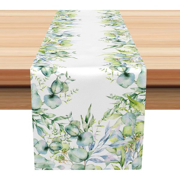 Aperturee Fresh Boho Green Leaves Table Runner, Sweet Spring Eucalyptus and Ferns, Modern Farmhouse Kitchen or Wedding Decor, 12