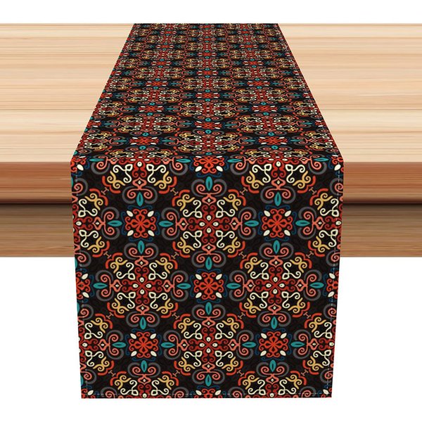 Aperturee Traditional Slovak Folk Art Pattern Table Runner, Dark Repetitive Floral Design, Eastern European Kitchen Decor, 12