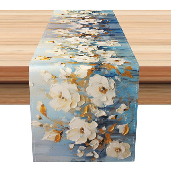 Aperturee Blue and White Floral Table Runner in an Oil Painting Style, Classic Chinoiserie Kitchen or Dining Room Decor, 12