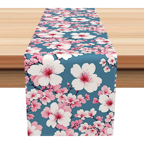 Aperturee Fresh Spring Peach Blossom Table Runner, Sweet Pink Floral Design, Chinese Ink Painting Style Kitchen Decor, 12