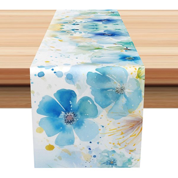Aperturee Sweet Summer Floral Table Runner in a Colorful Blue Vibe, Abstract Botanical Painting, Fresh Kitchen Dining Decor, 12
