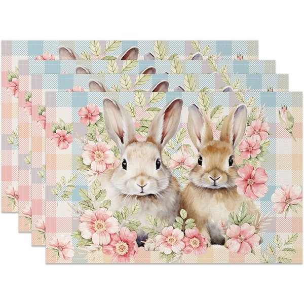 Aperturee Spring Pink Floral Bunny Easter Set Of 4 Placemats, 14x12 Inch, 15.8 USD, NYLX00518-S, placemats