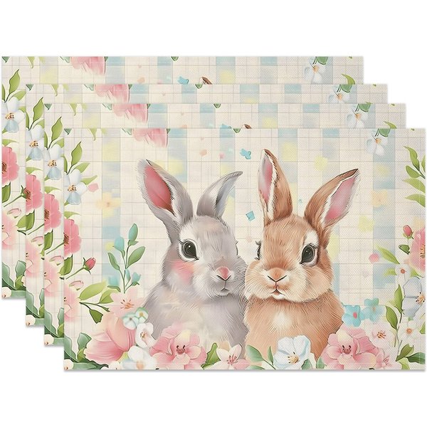 Aperturee Realistic Bunny Floral Easter Set Of 4 Placemats, 14x12 Inch, 15.8 USD, NYLX00522-S, placemats