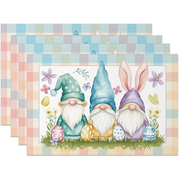 Aperturee Colorful Bunny Gnome Plaid Easter Set Of 4 Placemats, 14x12 Inch, 15.8 USD, NYLX00528-S, placemats