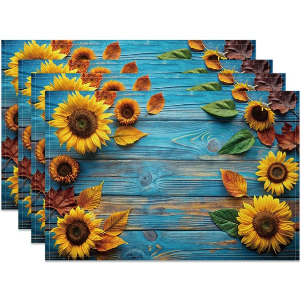 Aperturee Sunflower Retro Blue Wood Grain Set Of 4 Placemats, 14x12 Inch, 15.8 USD, NYLX00534-S, placemats