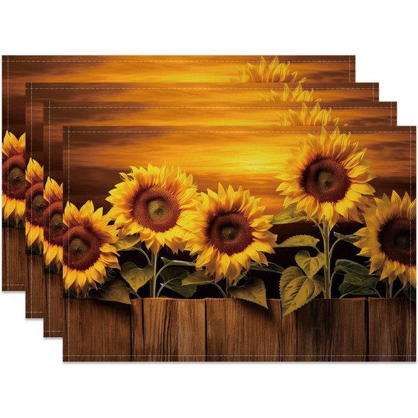 Aperturee Yellow Sunflower Sunset Wood Grain Set Of 4 Placemats, 14x12 Inch, 15.8 USD, NYLX00536-S, placemats