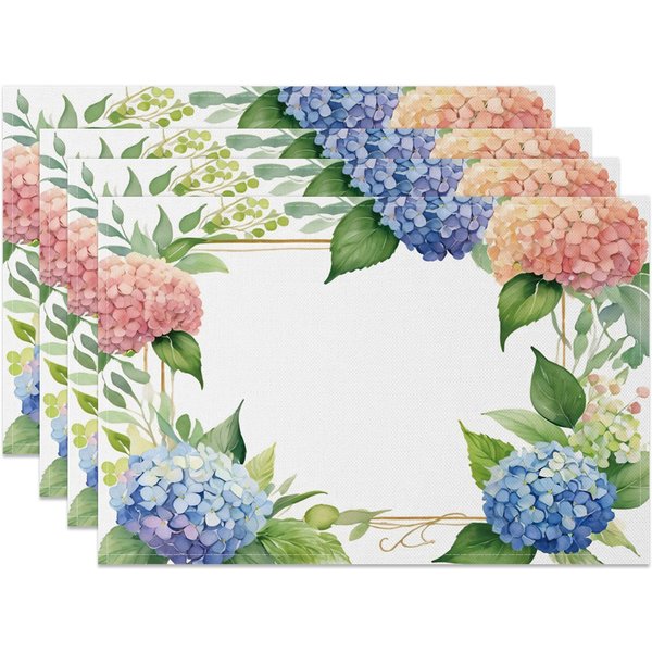 Aperturee Spring Pink Blue Hydrangea Plant Set Of 4 Placemats, 14x12 Inch, 15.8 USD, NYLX00545-S, placemats