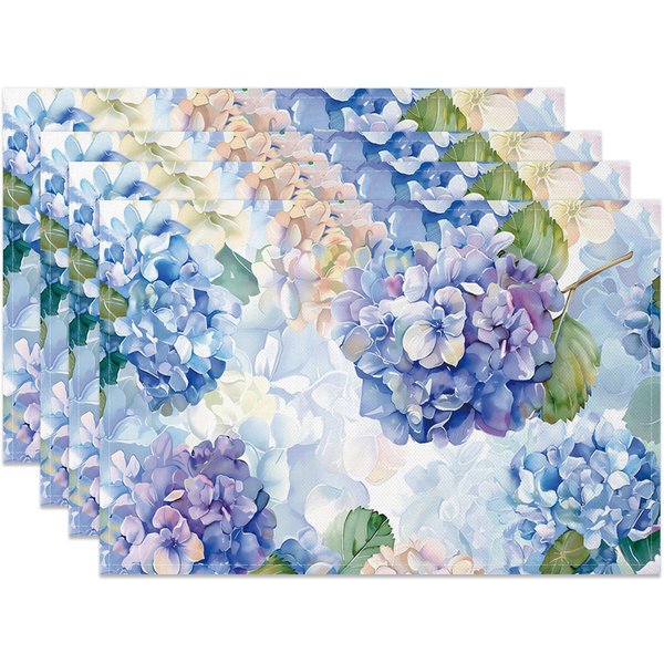 Aperturee Painted Spring Blue Hydrangea Set Of 4 Placemats, 14x12 Inch, 15.8 USD, NYLX00547-S, placemats