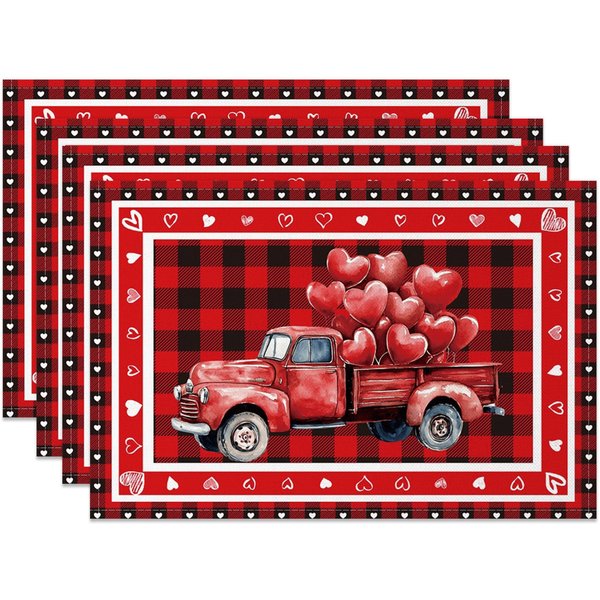 Aperturee Red Plaid Truck Valentines Day Set Of 4 Placemats, 14x12 Inch, 15.8 USD, NYLX00551-S, placemats
