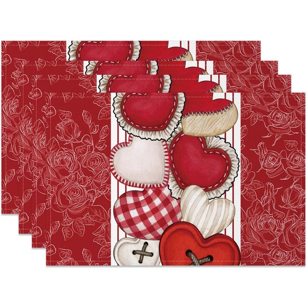 Aperturee Red Floral Love Valentines Day Set Of 4 Placemats, 14x12 Inch, 15.8 USD, NYLX00572-S, placemats