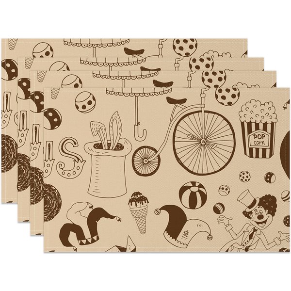 Aperturee Retro Brown Clown Circus Pattern Set Of 4 Placemats, 14x12 Inch, 15.8 USD, NYWH00361-S, placemats