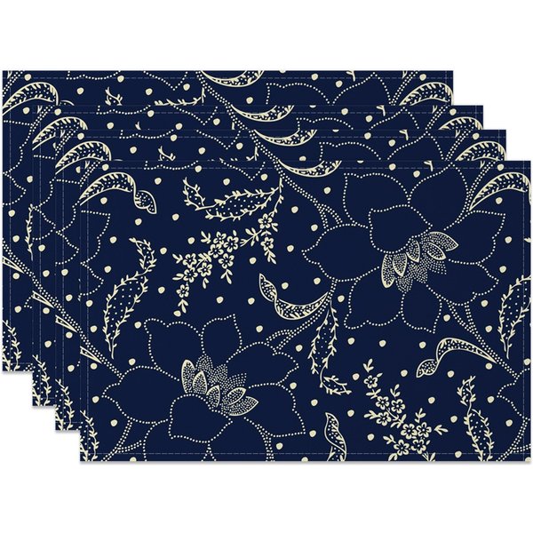 Aperturee Navy Blue Beige Lines Floral Set Of 4 Placemats, 14x12 Inch, 15.8 USD, NYWH00366-S, placemats
