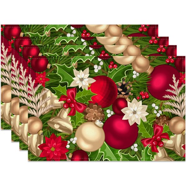 Aperturee Green Leaf Bells Floral Christmas Set Of 4 Placemats, 14x12 Inch, 15.8 USD, NYWH00374-S, placemats