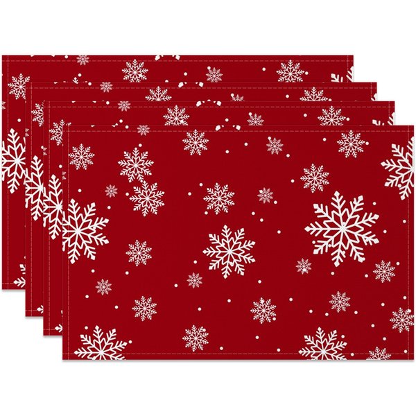 Aperturee Dark Red White Snowflake Christmas Set Of 4 Placemats, 14x12 Inch, 15.8 USD, NYWH00383-S, placemats
