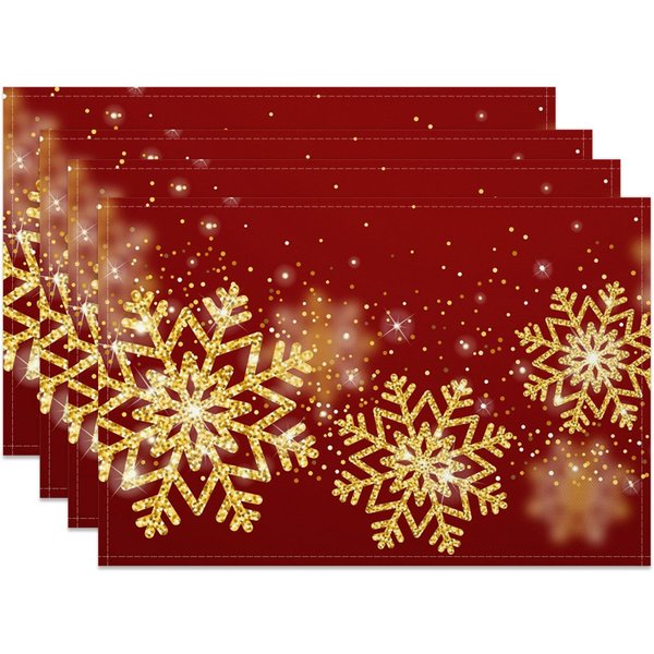 Aperturee Red Gold Bokeh Snowflake Christmas Set Of 4 Placemats, 14x12 Inch, 15.8 USD, NYWH00394-S, placemats