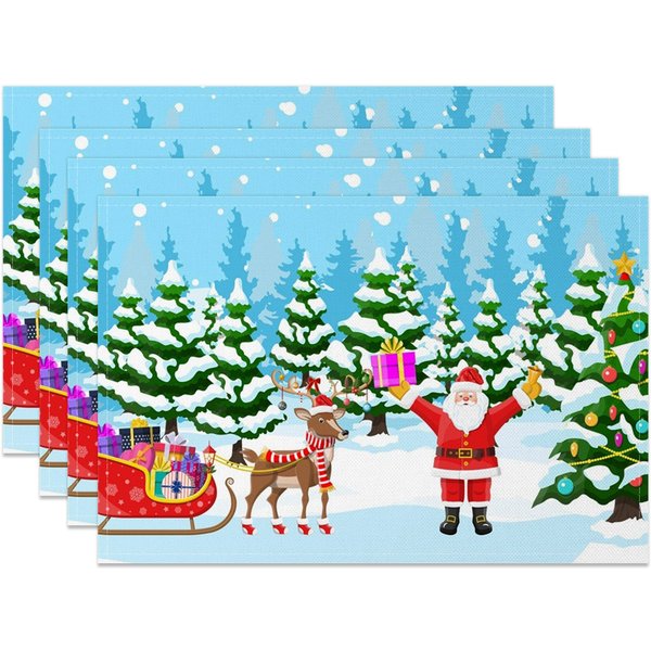 Aperturee Snowy Forest Santa Elk Christmas Set Of 4 Placemats, 14x12 Inch, 15.8 USD, NYWH00395-S, placemats
