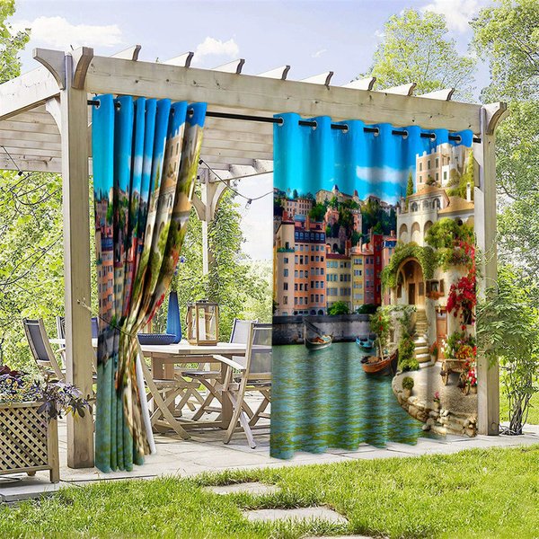 Aperturee Seaside Town Scene Waterproof Printed Outdoor Curtains, W52in x L84in, 19.99 USD, printed outdoor curtains, S0D12012-S