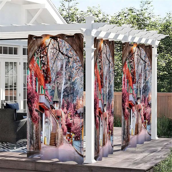 Aperturee Pink Floral Path Waterproof Printed Outdoor Curtains, W52in x L84in, 87.43 USD, printed outdoor curtains, S0D12217-S