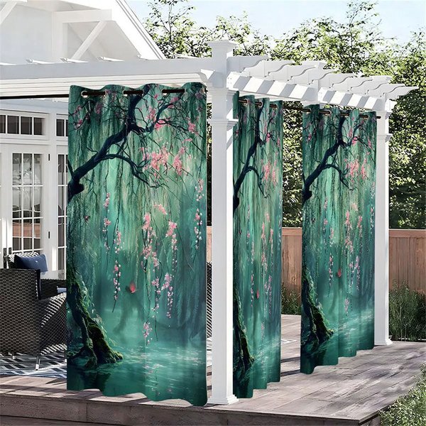Aperturee Floral Tree Green Waterproof Printed Outdoor Curtains, W52in x L84in, 87.43 USD, printed outdoor curtains, S0D12247-S