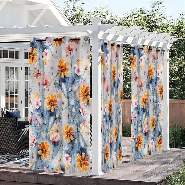 Aperturee Daisy Drawing Waterproof Printed Outdoor Curtains, W52in x L84in, 87.43 USD, printed outdoor curtains, S0D12250-S