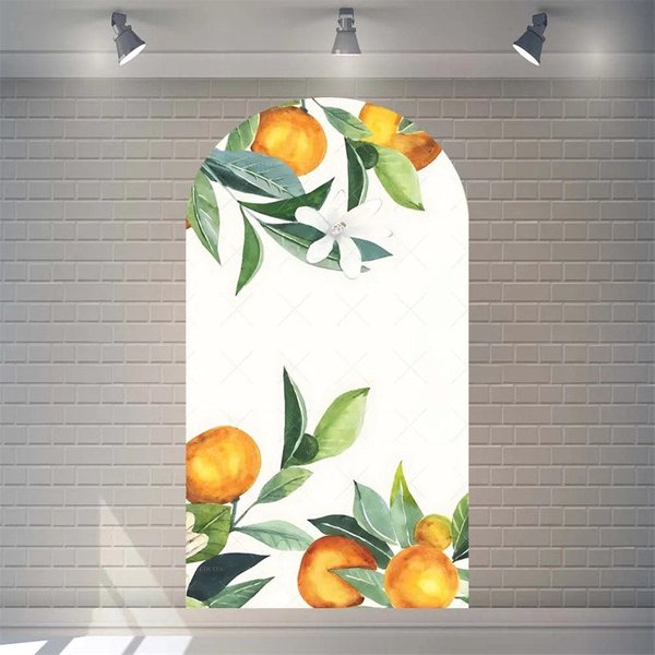 Aperturee Watercolor Fresh Orange Fruit Arch Backdrop, Floral Leaves Pattern, Vibrant Birthday Party Decor, 1.6x4ft (50x12