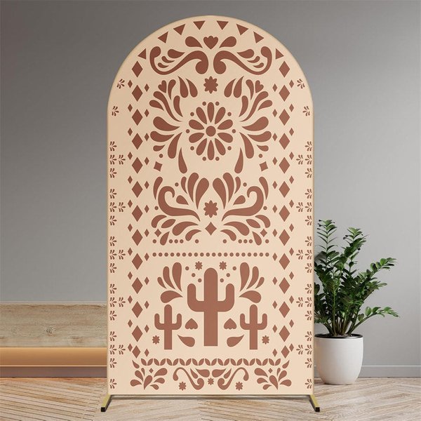 Aperturee Boho Fiesta Arch Backdrop with Cactus and Otomi Inspired Pattern, Terracotta Color, Mexican Folk Art Party Decor, 1.6x4ft (50x120cm)