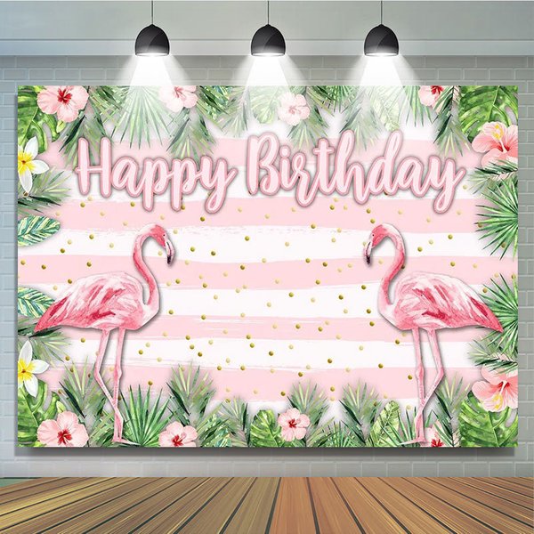Aperturee Tropical Flamingo Happy Birthday Backdrop, Summer Beach with Palm Leaves, Hawaiian Luau Party Photo Booth Decor, 5x3ft (WxH)