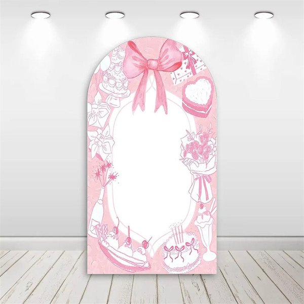 Aperturee Valentine's Day Pink Bow Arch Backdrop, Sweet Dessert Theme with Cake and Champagne, Bridal Shower Decor, 1.6x4ft (50x120cm)