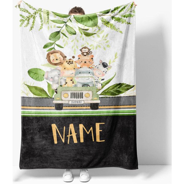 Aperturee Personalized Safari Animals Blanket with Custom Name, Cute Jungle Animals in a Jeep, Nursery Decor Gift for Boys