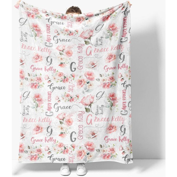 Aperturee Personalized Name Blanket for Girl, Custom Baby Blanket with Pink Rose, Watercolor Floral Nursery Decor Swaddle