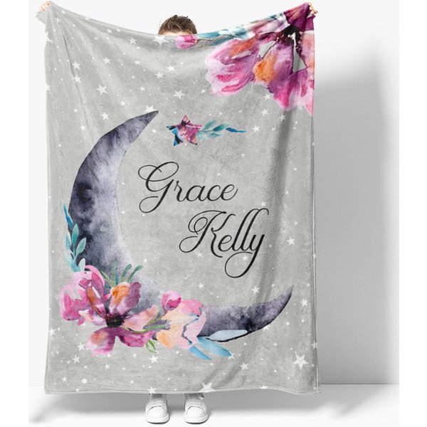 Aperturee Personalized Name Blanket for Girl, Custom Moon and Stars, Grey and Pink Floral Nursery Decor Swaddle