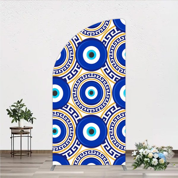 Aperturee Greek Evil Eye Half Moon Arch Backdrop for Birthday Party, Blue and Gold Nazar Amulet Pattern, Protection Themed Photo Decor, 1.6x4ft (50x