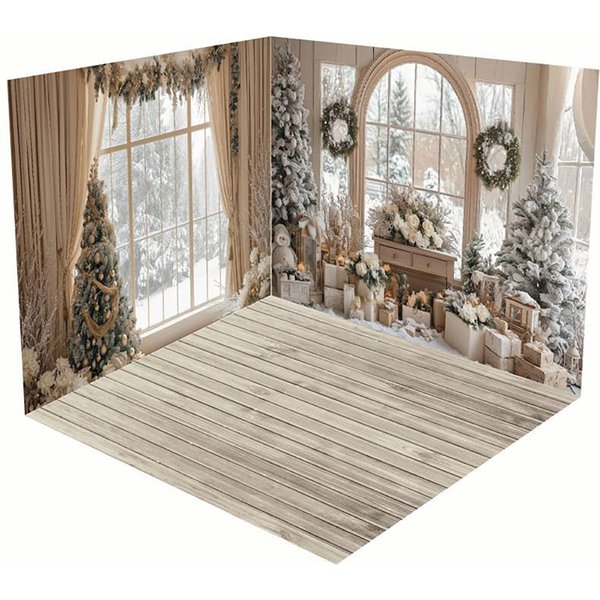 Aperturee Beige Room Window Snowy Christmas Room Set Backdrop | Christmas Backgrounds Fireplace | Winter Wonderland Backdrop | Xmas Backdrop