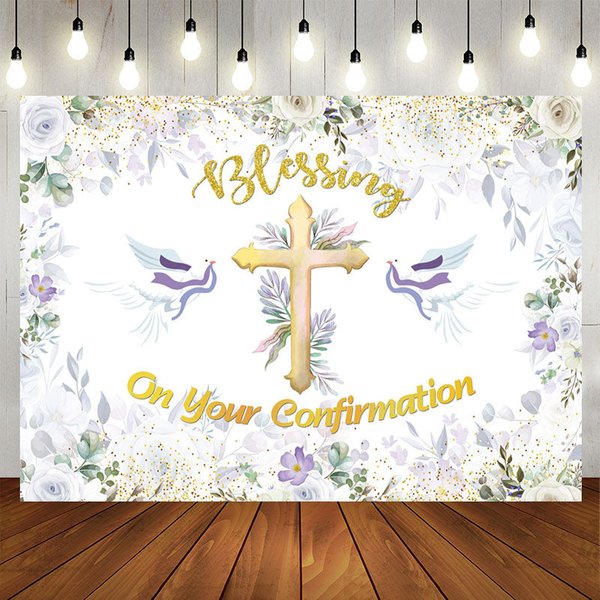 Aperturee Floral Cross Blessing On Your Confirmation Backdrop, 5X3FT(1.5X1M), 15.07 USD, baptism backdrops, XQHD3X98-E