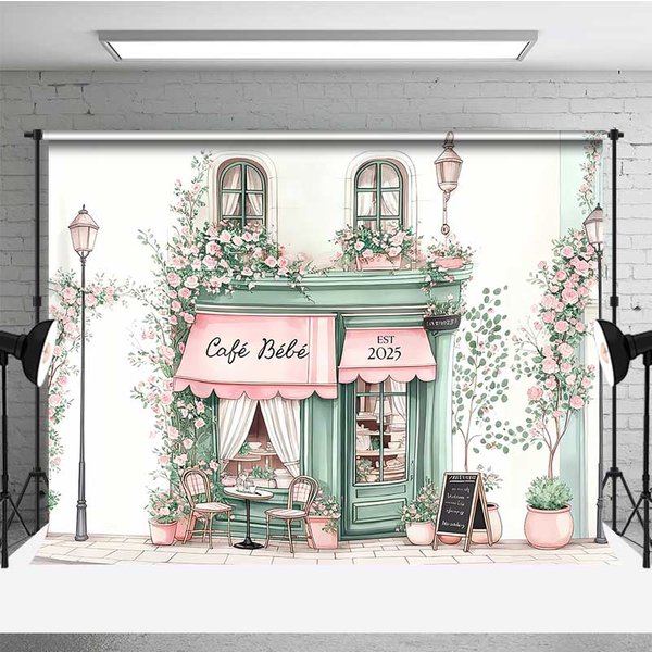 Aperturee Cafe Bebe French Storefront Backdrop Romantic Pink Rose Street Scene Studio