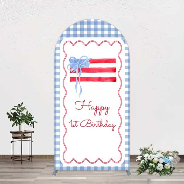 Aperturee Blue White Plaid Bow Happy 1st Birthday Arch Backdrop, 1.6 x 4 ft (0.5 x 1.2 m), 98.18 USD, arch backdrop kit, YMGD2Z31-AJ