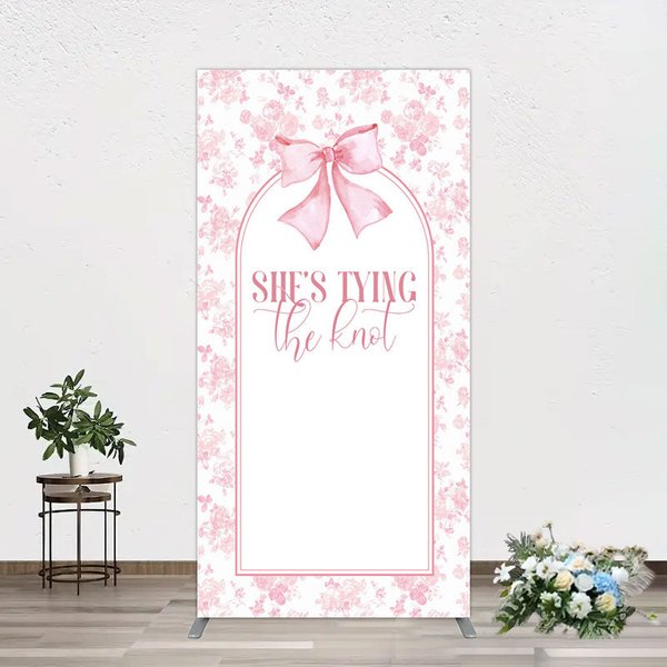 Aperturee Pink Bow Shes Tying The Knot Bridal Shower Rectangle Backdrop, 1.6 x 4 ft (0.5 x 1.2 m), 98.18 USD, arch backdrop kit, YMGD2Z77CF-AJ