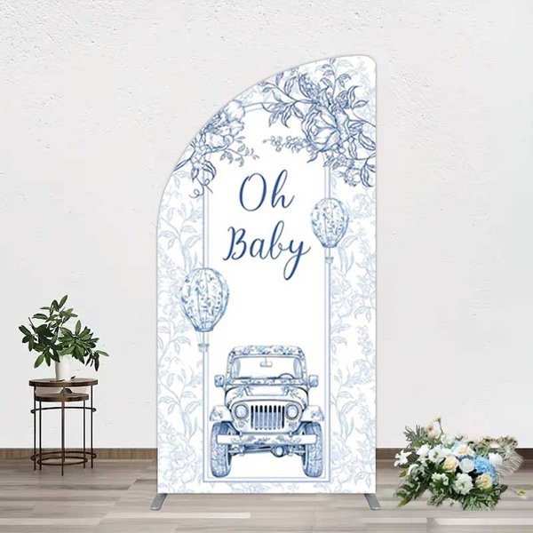 Aperturee Rustic Blue Floral Truck Baby Shower Half Moon Arch Backdrop, 1.6x4ft (50x120cm), 98.18 USD, arch backdrop kit, YMGD2Z78YL-AJ