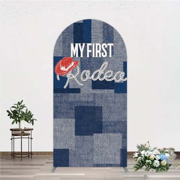 Aperturee My First Rodeo First Birthday Arch Backdrop, Western Cowboy Theme with Denim Print, Boy's 1st Birthday Party, 1.6x4ft (50x120cm)
