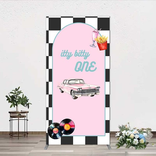 Aperturee Retro 50s Diner Rectangle Backdrop, Pink Classic Car and Milkshake 1st Birthday Party Decoration