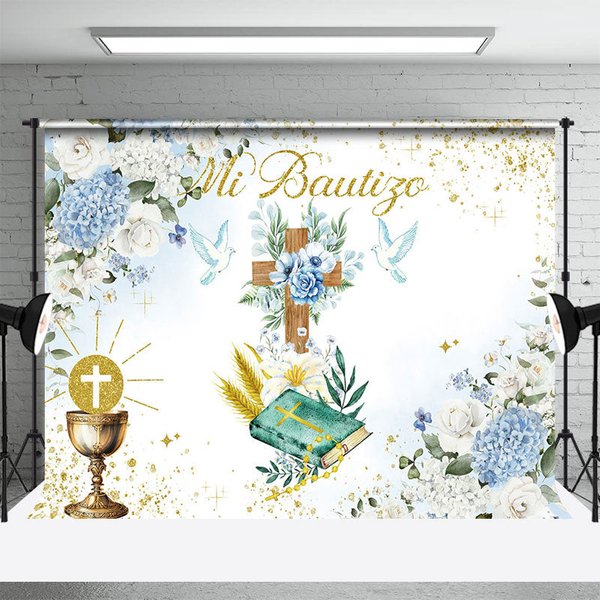 Aperturee Floral Glitter Cross Blue Dove Mi Bautize Backdrop, 3X2FT(1MX0.6M), 14 USD, baptism backdrops, YMHD1Z47-M