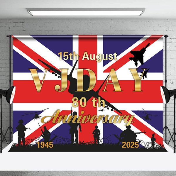 Aperturee British Flag Soldier VJ Day 80th Anniversary Backdrop, 3X2FT(1MX0.6M), 14 USD, commemorative backdrops, YMHD2Z18-M