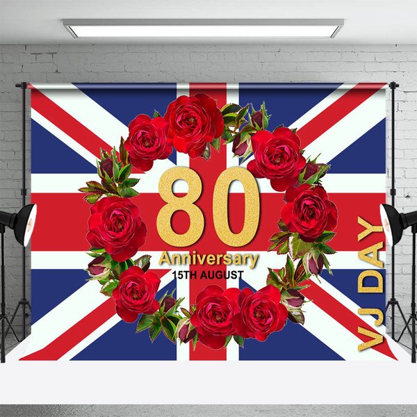 Aperturee British Flag Wreath VJ Day 80th Anniversary Backdrop, 3X2FT(1MX0.6M), 14 USD, commemorative backdrops, YMHD2Z19-M