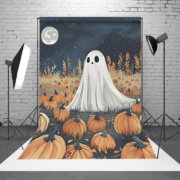 Aperturee Cute Ghost in Pumpkin Patch Halloween Backdrop, Spooky Night with Full Moon, Whimsical Autumn Party Photo Prop, 2x